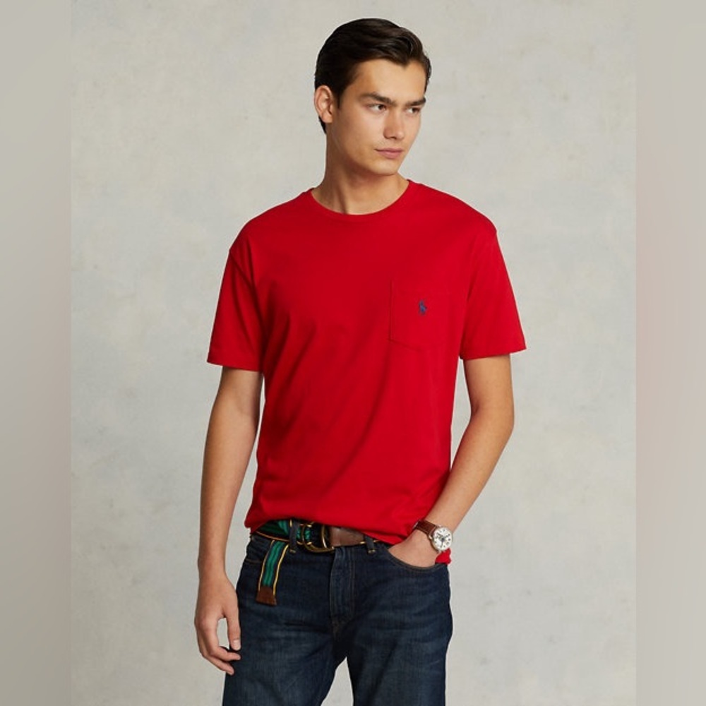 R.Lauren Jersey Pocket Red T-Shirt Polo Men's Cotton Size M